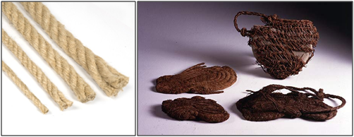 Diferentes tipos de soga de fibra vegetal. Restos de cestos y sandalias de cuerda de esparto. Neolítico medio, Cueva de los Murciélagos. Granada. unido
